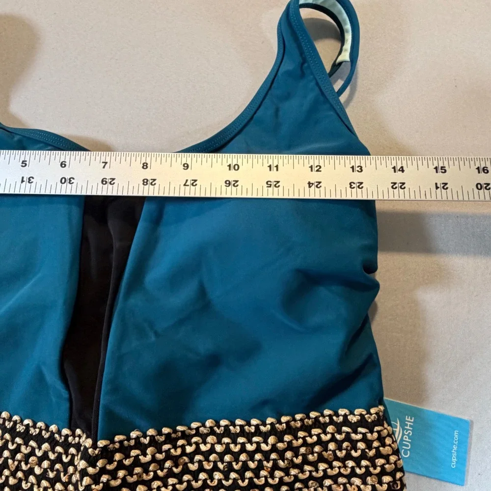 Cupshe Teal‎ Blue One Piece Swimsuit Mesh Plunge Gold Belt Tummy Contouring NEW